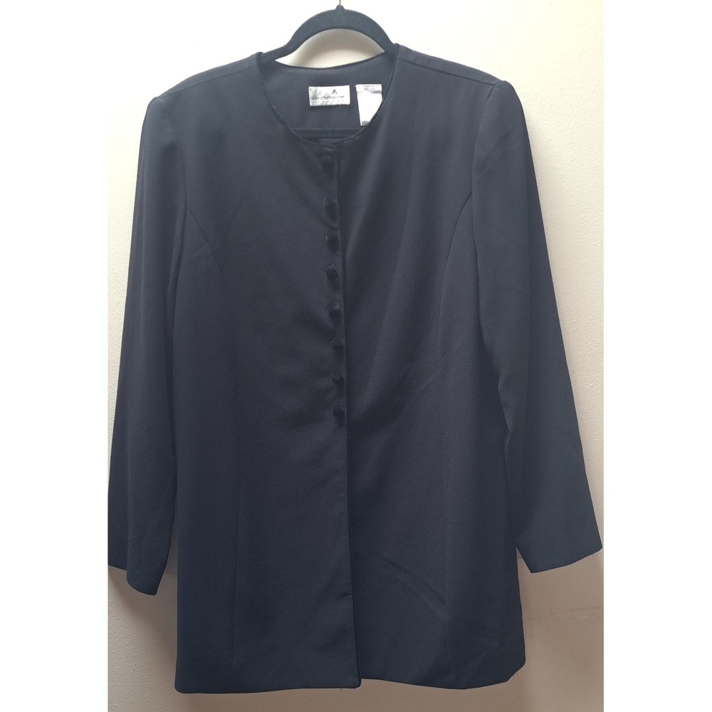 Liz Claiborne Black Collarless Longline Blazer Jacket Button Front Size 14